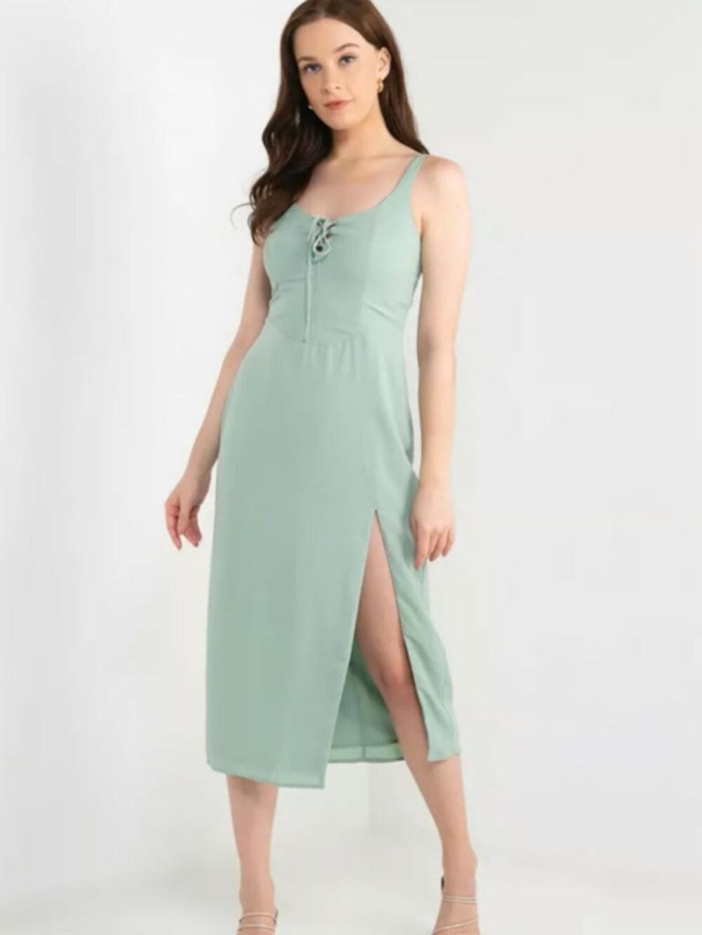 Abercrombie & Fitch A&F Corset Lace-Up Midi Dress Large Sage Green Side Slit NWT